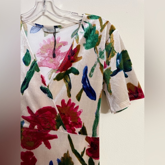 Zara Trafal Velvet Cream Burgundy Navy Floral V-Neck Midi Women’s Dress Medium M - Picture 3 of 5